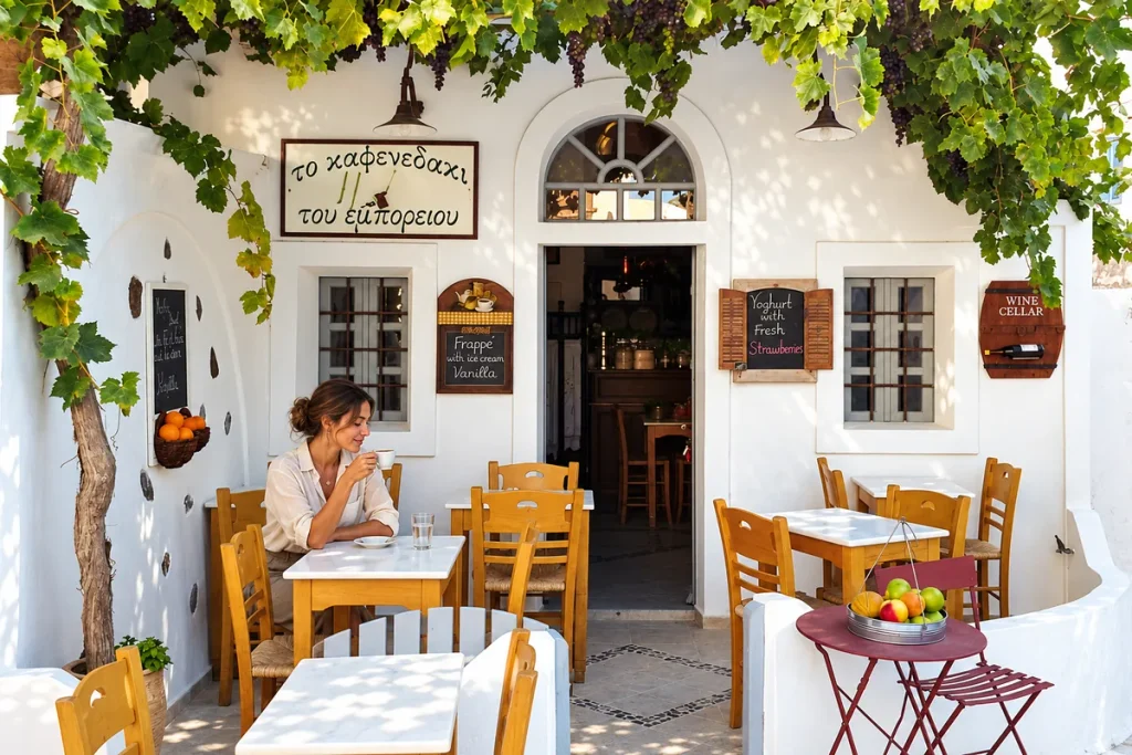 Illustrative scene of a woman enjoying coffee at To Kafenedaki tou Emporiou in Santorini